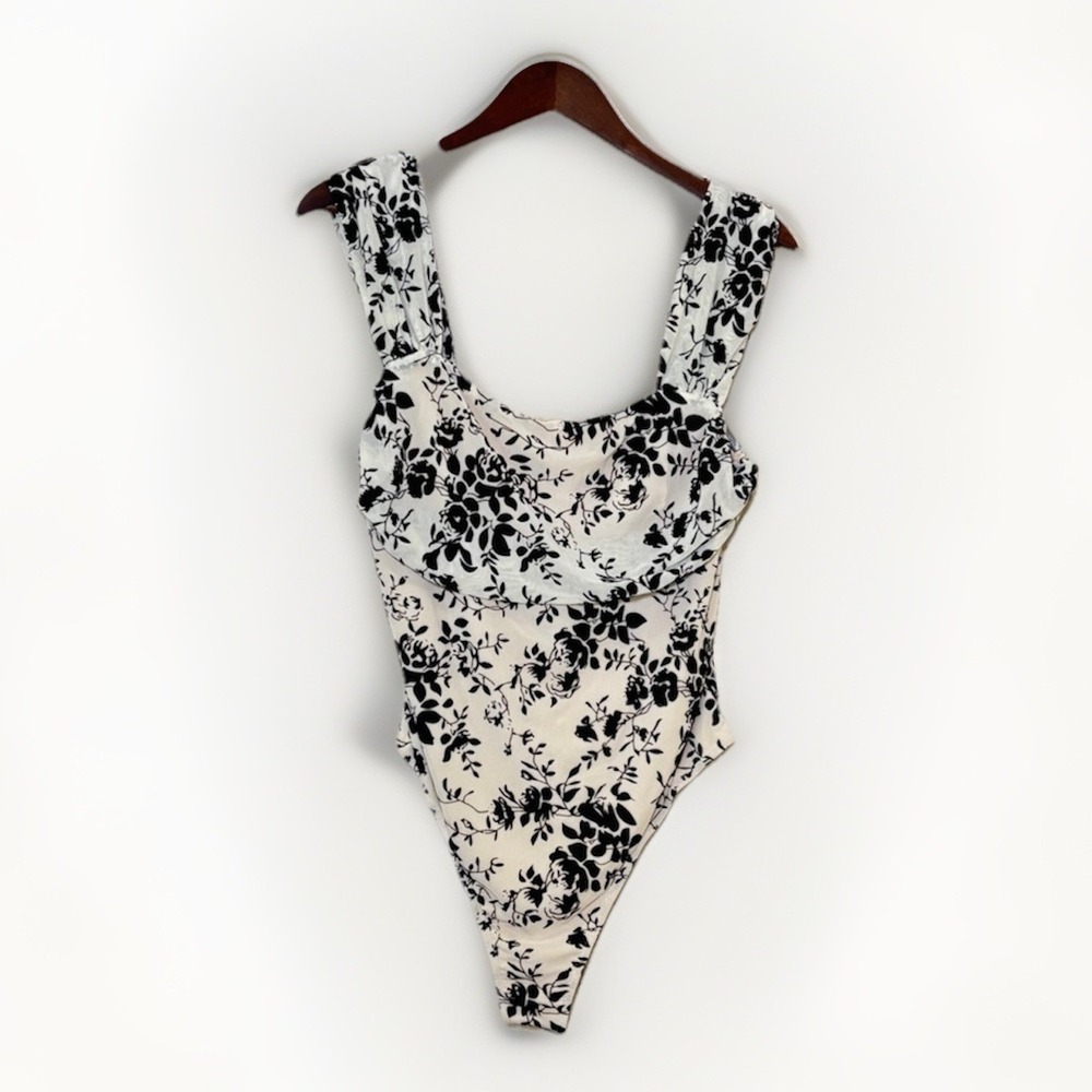 Cider Floral Black/Cream Sleeveless Bodysuit Size XL Garden Cottagecore